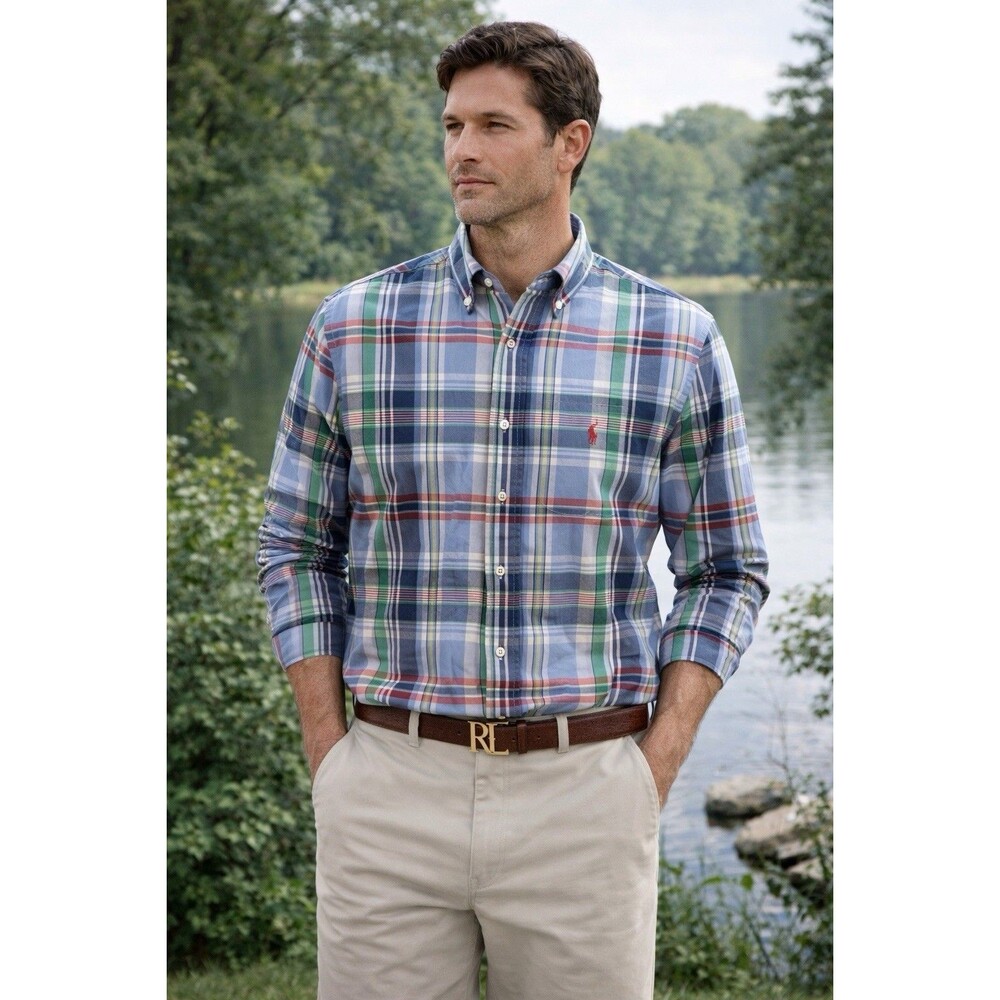 Ralph Lauren Shirt Men Button up Plaid Custom Fit Vintage XL